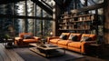 Brown Sofas Living Room with Wood Design With Big Glass Windows Interior Background