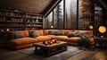 Brown Sofas Living Room with Wood Design With Big Glass Windows Interior Background