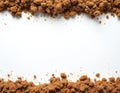 Brown soil dirt border background. Dry earth frame on white backdrop. Organic ground dirt material texture pattern. Arid compost Royalty Free Stock Photo