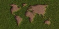 Brown soil world map or globe cut out from grass background, environment or ecology concept