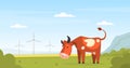 Brown Spotted Cow with Horns Grazing on Pasture with Green Grass Vector Illustration