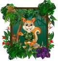 Brown Squirrel In Forest With Tropical Plant Flower In Wood Square Frame Cartoon