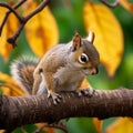 Brown squirrel perched on a tree branch in a woodland scene