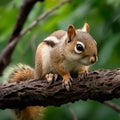 Brown squirrel perched on a tree branch in a woodland scene