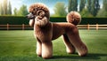 A brown standard poodle stands elegantly on a green lawn.