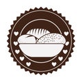 brown sticker with breads in basket in round frame