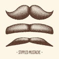 Brown stippled vintage mustache. Curly facial hair. Hipster beard. Stippling, dot drawing and shading, stipple pattern