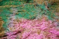 Brown stone painted with paint in pink and green. Rock background, texture. Pattern Royalty Free Stock Photo