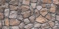 Brown stone wall texture, floor background. Wide panoramic rock pattern. Natural masonry surface, brick frame. Grunge structure.