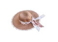 Brown straw hat weaving pattern decorative with fabric isolated on white background , clipping path Royalty Free Stock Photo