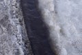 Brown stream of water of a dirty stream among gray snow and ice Royalty Free Stock Photo