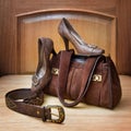 Brown suede bag, leather shoes and a belt