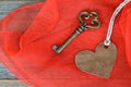 Brown suede heart and old key Royalty Free Stock Photo