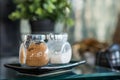 Brown sugar bowl on table