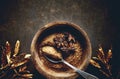 Brown sugar and star anise in a wooden bowl. Christmas baking ingredients