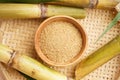 Brown sugar and sugarcane in a wooden tray, flat lay. Close-up