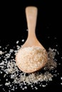 Brown sugar in wood spoon on black background.Components of The