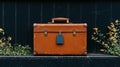 A brown suitcase with a blue tag and a handle. Royalty Free Stock Photo