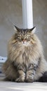 Sweet brown tabby male siberian cat sitting in the house Royalty Free Stock Photo