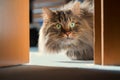 Siberian cat looks out the slightly opened door Royalty Free Stock Photo