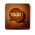 Brown Taxi call telephone service icon isolated on white background. Speech bubble symbol. Taxi for smartphone. Wooden Royalty Free Stock Photo