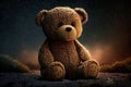Brown Teddy Bear Boy Sits under the Night Sky, Generative AI Royalty Free Stock Photo