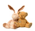 Brown teddy bear and cute rabbit sit on white isolated background Royalty Free Stock Photo
