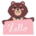 Vector illustration of a cute cartoon teddy bear in a bow tie with banner saying hello