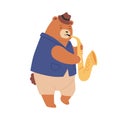Brown teddy bear in hat playing sax. Cute romantic animal musician performing jazz music. Funny childish character with