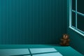 A teddy-bear left alone in the corner of an empty room at night