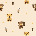 Brown teddy bear and yellow teddy bear drinking Boba tea fabric seamless cute pattern