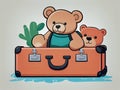 Brown teddy bears sitting on top of an orange suitcase, illustration for childern