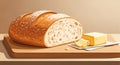 A sliced loaf of artisanal bread rests on a wooden cutting board, its crust golden Royalty Free Stock Photo