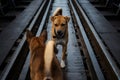 Agressive dogs stare and fight on train rail