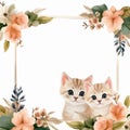 Brown themed flower frame with 2 cute smiling cats, AI Generated