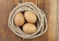 Brown three egg in a nest of twine for Happy Easter Royalty Free Stock Photo