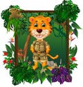 Brown Tiger In Forest With Tropical Plant and Flower Cartoon