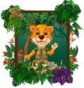 Brown Tiger In Forest With Tropical Plant and Flower Cartoon