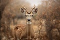 Brown toned close-up image of Spotted Checkers Checkers Fallow Deer looking at camera in forest