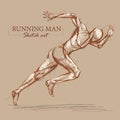 Brown toned modern stylised sketch of a running athletic man with a muscular body sprinting at speed leaning forwards into his