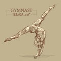 Brown toned modern stylized sketch of a curly gymnastics, acrobatics with a muscular body, illustration