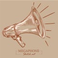 Brown toned modern stylized sketch of megaphone. Loudspeaker for announcements, bullhorn sketch news or public attention