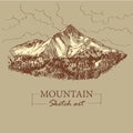 Brown toned modern stylized sketch of mountain, with forest and clouds, vector illustration