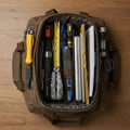 Brown tool bag on a wooden floor contains various tools and documents. Inside, there Royalty Free Stock Photo