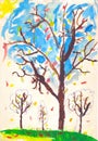 Brown trees with yellow and red leaves, green grass and blue sky. Child drawing Royalty Free Stock Photo