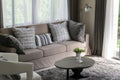 Brown tweed sofa with grey pillows Royalty Free Stock Photo