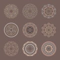 Brown vector set of 9 mandalas in tribal style Royalty Free Stock Photo