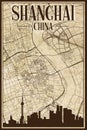 Hand-drawn downtown streets network printout map of SHANGHAI, CHINA Royalty Free Stock Photo