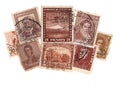 Brown vintage postage stamps from around the world.