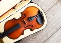 Brown Violin In Case Over Wooden Background. Art And Music Background.